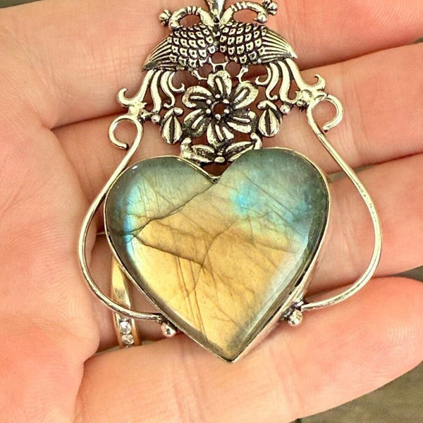 Stunning Heart Labradorite Pendant Statement Necklace Unique Peacock Framed