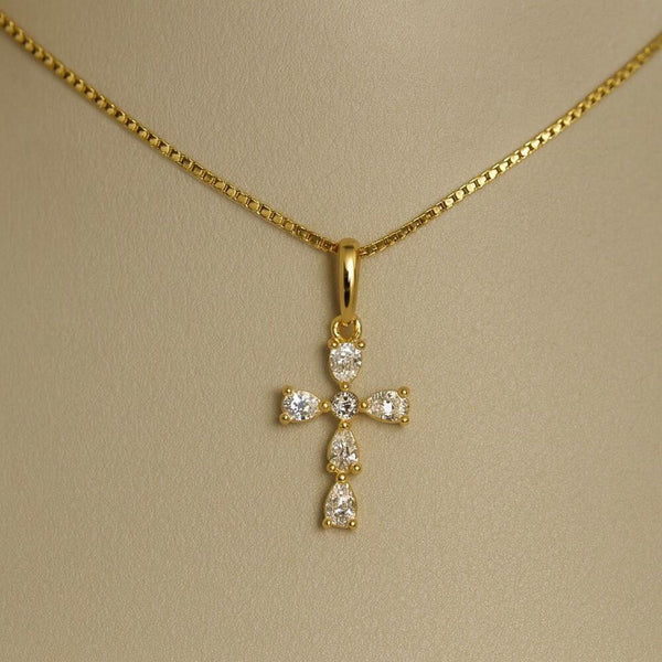 Solid 14k Yellow Gold Cross Pendant Necklace CZ Stones Small Dainty Chain New