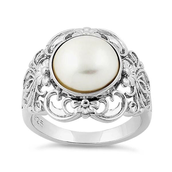 Vintage Style Pearl Statement Ring Sterling Silver Floral Filigree Cocktail Ring