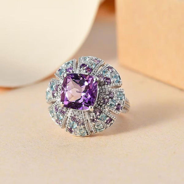 Amethyst Moissanite Multi Gemstone 5.85 ctw Floral Ring Sterling Silver Size 7