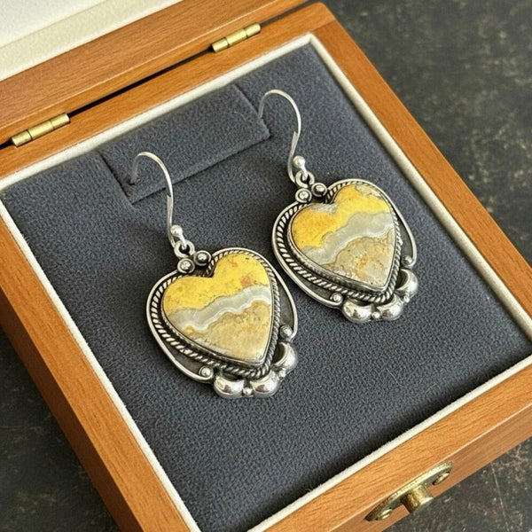 Natural Bumblebee Jasper Heart Earrings Sterling Silver Handcrafted Boho Style