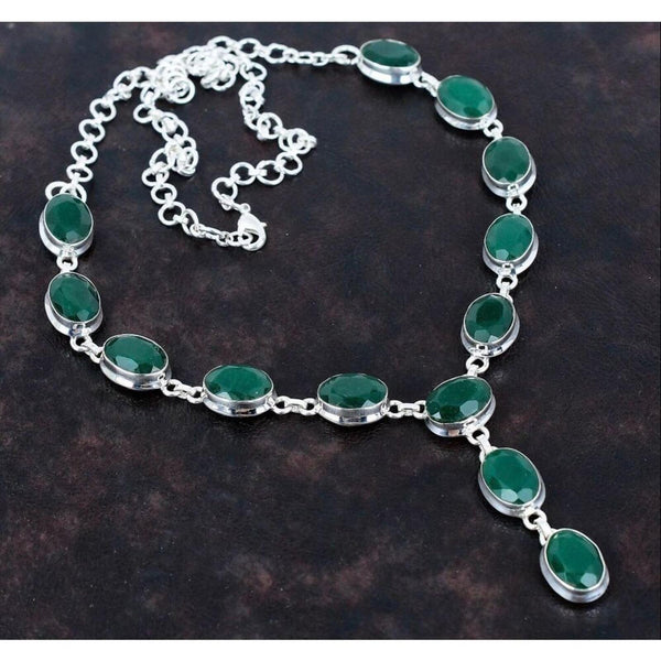 Stunning Faceted Emerald & Silver Adjustable Necklace Green Gemstone Jewelry New