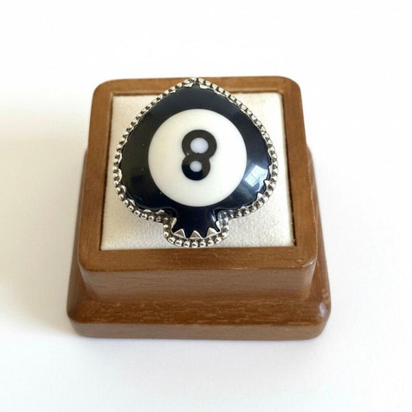 Unique Billiard Ball # 8 Statement Spade Ring Sterling Silver Boho Adjustable