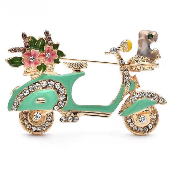 Charming Mint Green Vespa Scooter Brooch - Crystal & Enamel Dog Flowers Pin