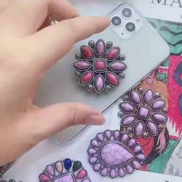 Pink Marbled Floral Phone Grip Holder Silver Tone Western Boho Accessory
