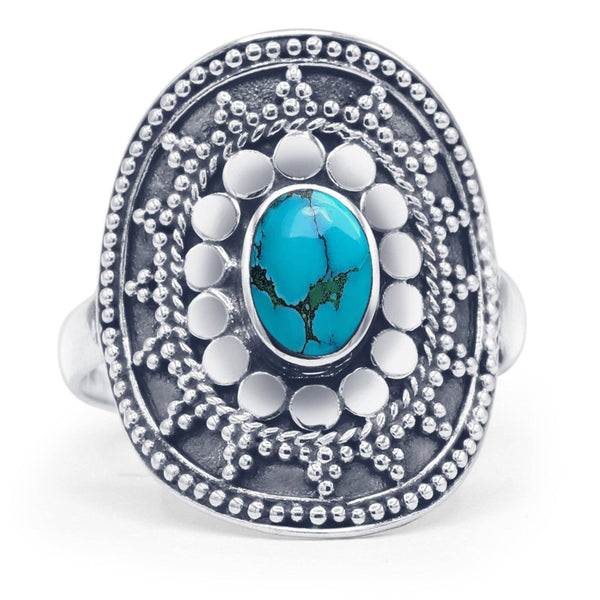 Oxidized Oval Turquoise Beaded Ring