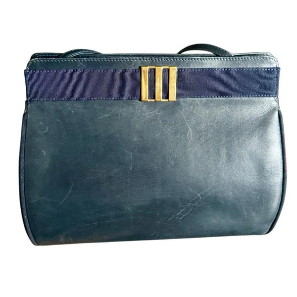 Authentic Salvatore Ferragamo Vara Bow Crossbody Bag Purse Navy Leather Vintage