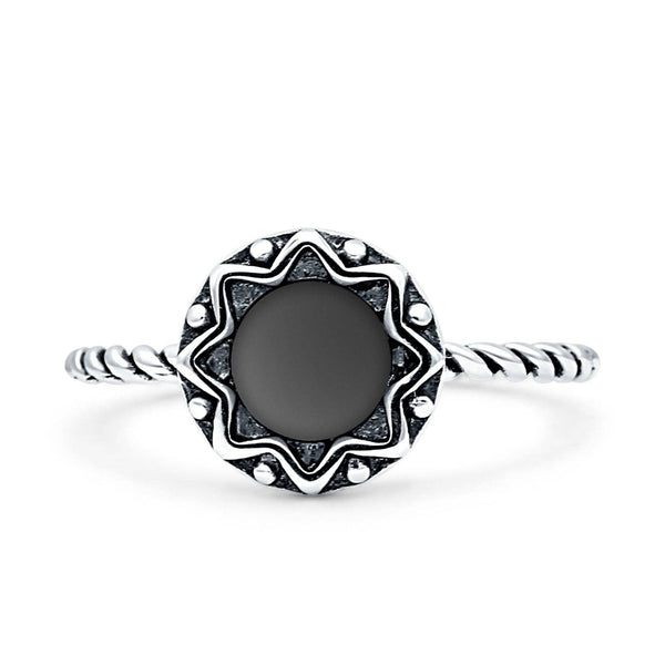 Round Black Onyx Floral Twisted Rope Oxidized Ring