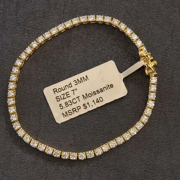 5.83CT Round 3mm Moissanite Tennis Bracelet 14k Gold Vermeil - 7" Length - NEW