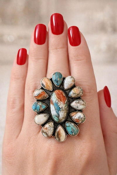 Southwestern Spiny Oyster Turquoise Statement Silver Ring Boho Artisan Design 7