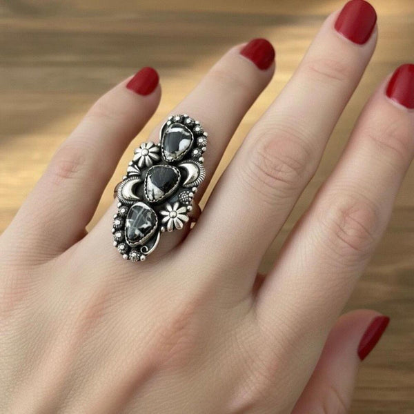 White Buffalo Turquoise Ring Sterling Silver 925 Triple Stone Moon Flower Size 6