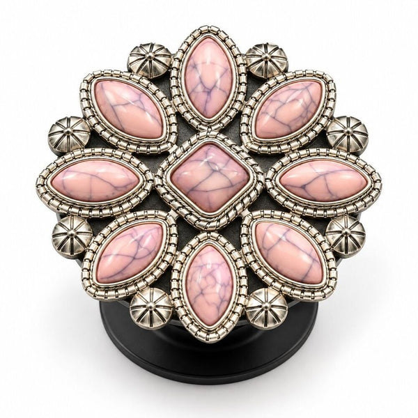 Pink Marbled Floral Phone Grip Holder Silver Tone Western Boho Accessory