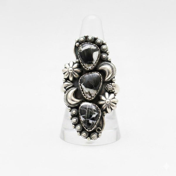 White Buffalo Turquoise Ring Sterling Silver 925 Triple Stone Moon Flower Size 6