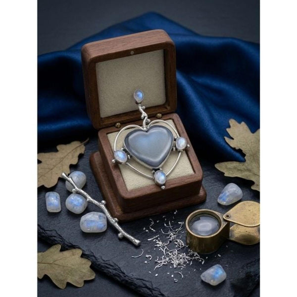 Large Heart Moonstone Accent Silver Pendant Necklace Southwestern Artisan Boho
