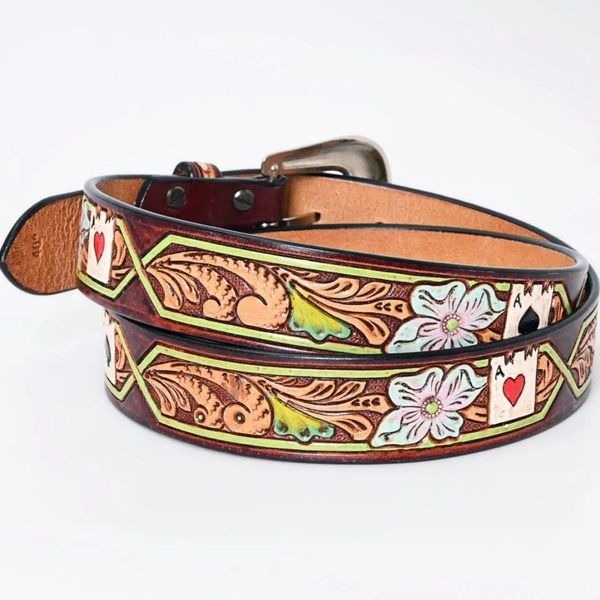Genuine Leather Western Tooled Ace of Hearts Floral Belt Mens Womens Unisex Sz L