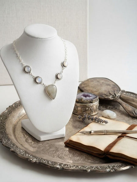 Stunning Silver Agate and Rainbow Moonstone Statement Necklace Boho Artisan