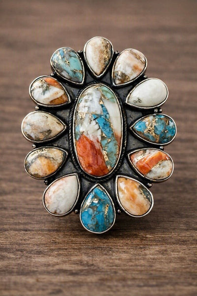 Southwestern Spiny Oyster Turquoise Statement Silver Ring Boho Artisan Design 7