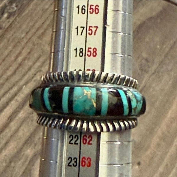 Southwestern Sterling Silver Turquoise & Black Onyx Inlay Band Ring Size 9 New