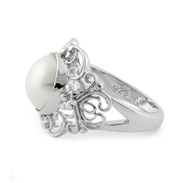 Vintage Style Pearl Statement Ring Sterling Silver Floral Filigree Cocktail Ring