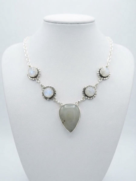 Stunning Silver Agate and Rainbow Moonstone Statement Necklace Boho Artisan