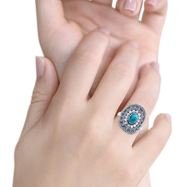 Oxidized Oval Turquoise Beaded Ring