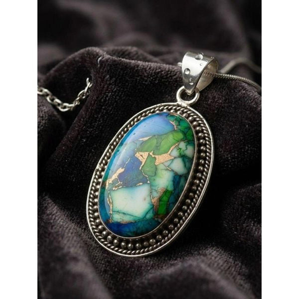 Southwestern Sterling Silver Peacock Dahlia Turquoise Oval Pendant Necklace New