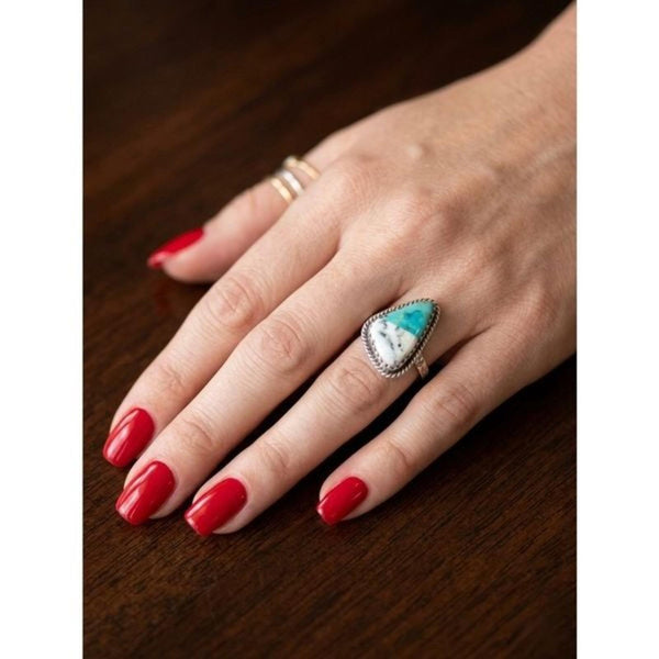 White Buffalo Kingman Turquoise Silver Ring Handcrafted Southwestern Size 9