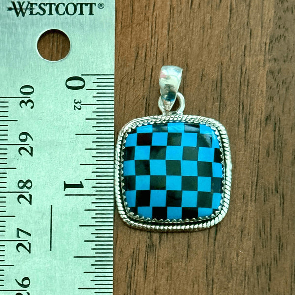 Southwest Kingman Turquoise & Onyx Heart Checkerboard Sterling Silver Necklace