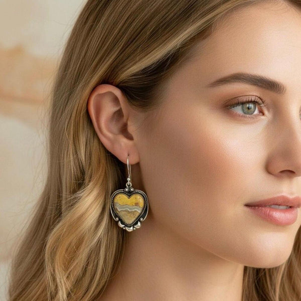 Natural Bumblebee Jasper Heart Earrings Sterling Silver Handcrafted Boho Style