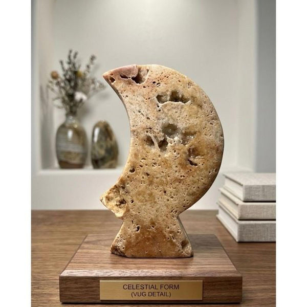 Vintage Natural Travertine Moon Sculpture Hand Carved Stone Crescent Modern Deco