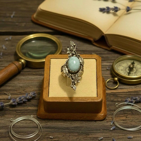 Vintage Style Larimar Sterling Silver Statement Ring m Filigree Leaf Design Sz 7