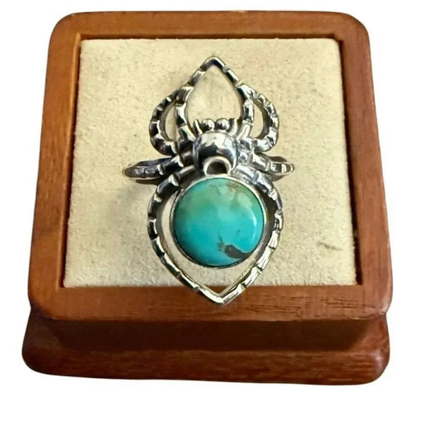 Round Turquoise Spider Boho Ring Sterling Silver Southwestern Sz 6