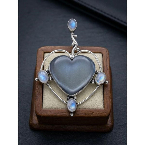 Large Heart Moonstone Accent Silver Pendant Necklace Southwestern Artisan Boho