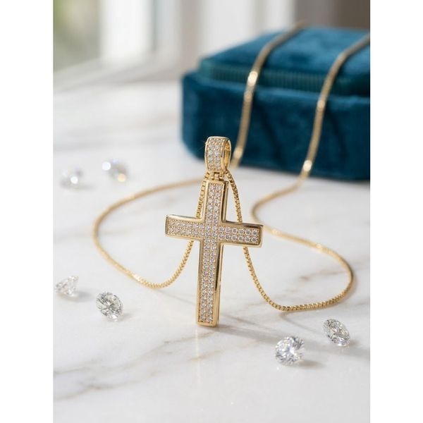 Gold Vermeil Moissanite Cross Pendant Necklace 16” Chain Religious Jewelry New
