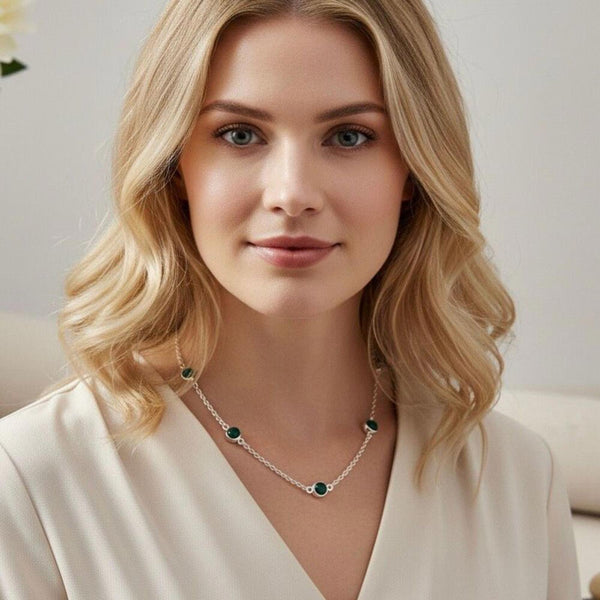 Dainty Green Glass Bead Station Necklace - Adjustable Length - Minimalist Style