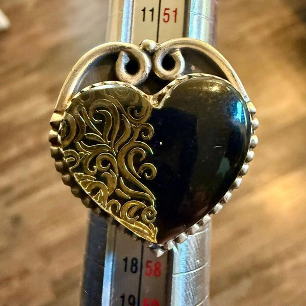 Southwestern Onyx Heart Ring Adjustable Boho Sterling Style