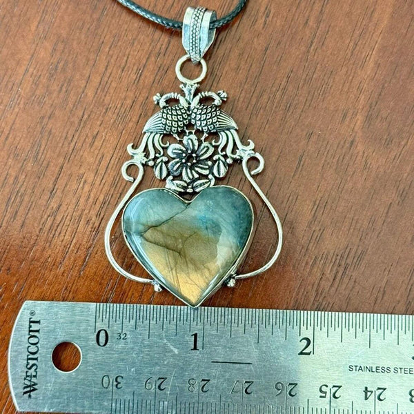 Stunning Heart Labradorite Pendant Statement Necklace Unique Peacock Framed