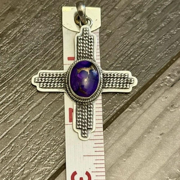 Southwestern Purple Mojave Turquoise Cross Pendant Necklace - Sterling Silver