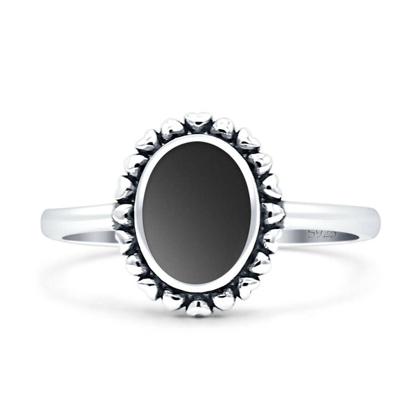 Oval Black Onyx Heart Solitaire Oxidized Ring