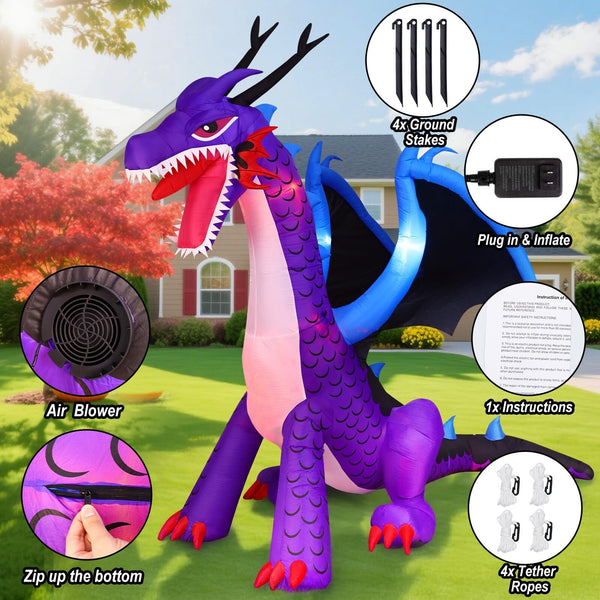 8FT Halloween Dragon Inflatable with LED Lights - Outdoor Yard Decor