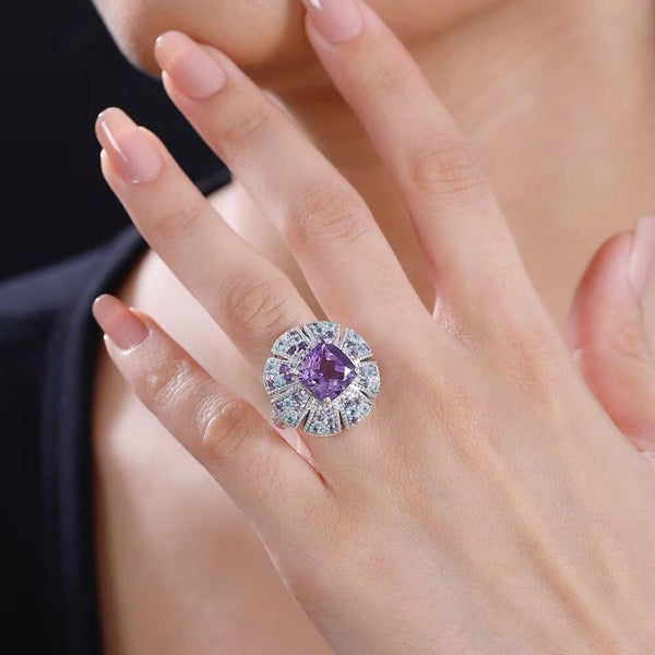 Amethyst Moissanite Multi Gemstone 5.85 ctw Floral Ring Sterling Silver Size 7