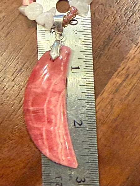 Vintage Pink Rhodochrosite Crescent Moon Pendant Necklace Crystal Chip Beaded