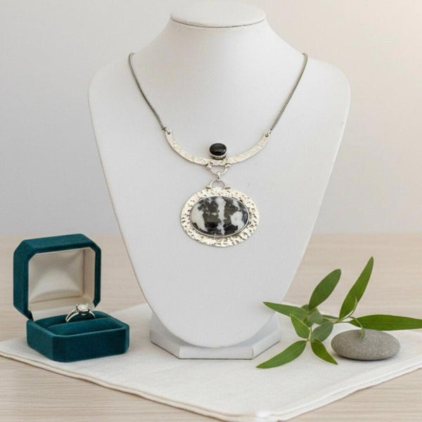 White Buffalo Turquoise & Black Onyx Statement Hammered Necklace Boho Western