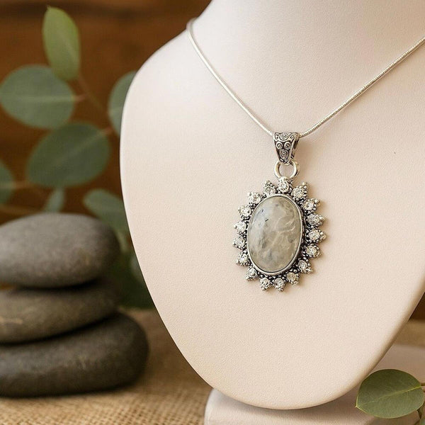 Boho Moonstone Gemstone Oval Pendant SilverVintage Style – Artisan Necklace New