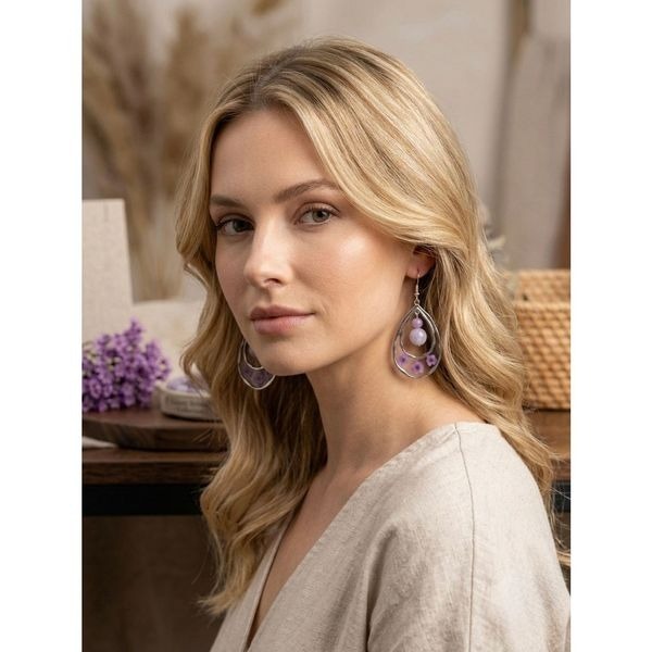 Handmade Pressed Flower & Purple Jade Teardrop Earrings