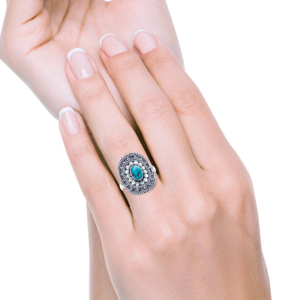 Oxidized Oval Turquoise Beaded Ring