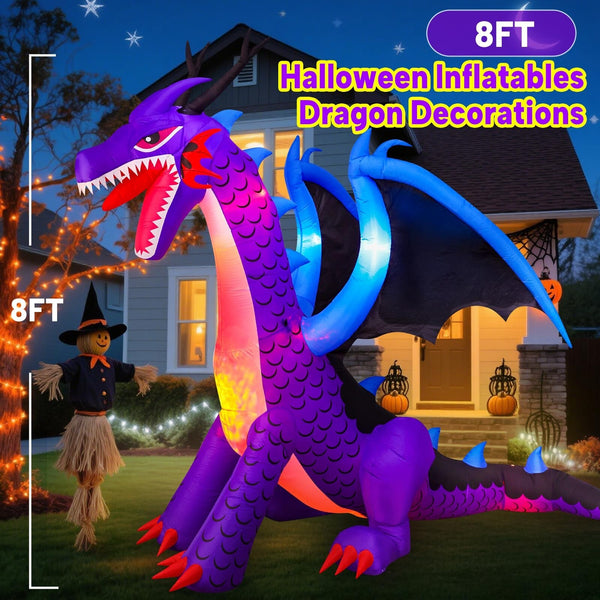 8FT Halloween Dragon Inflatable with LED Lights - Outdoor Yard Decor