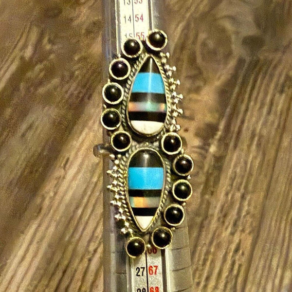 Southwestern Aurora Opal & Onyx Sterling Silver Adj Ring