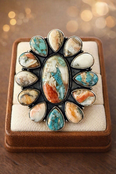 Southwestern Spiny Oyster Turquoise Statement Silver Ring Boho Artisan Design 6