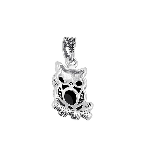 Sterling Silver Onyx and Dark Garnet Owl Marcasite Pendant